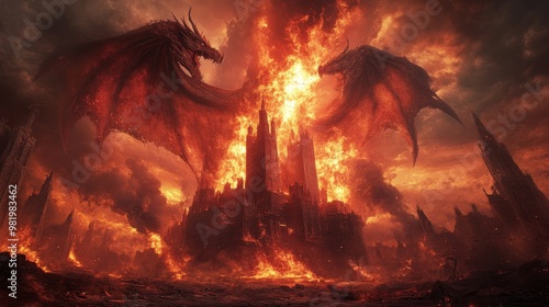 Towering dragons circling an ancient, abandoned castle, flames erupting from their mouths as thunderclouds gather above, creating an apocalyptic scene photo