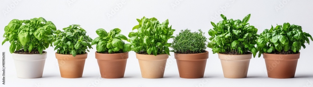 Fototapeta premium Herbal Abundance, full-body portrait of vibrant basil and cilantro in pots, lush greenery against a clean white backdrop, showcasing freshness and simplicity.