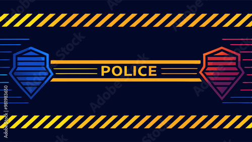 a stylized police theme with blue and red shield icons on either side of the word "POLICE" in the center, surrounded by yellow and orange diagonal stripes on a dark background
