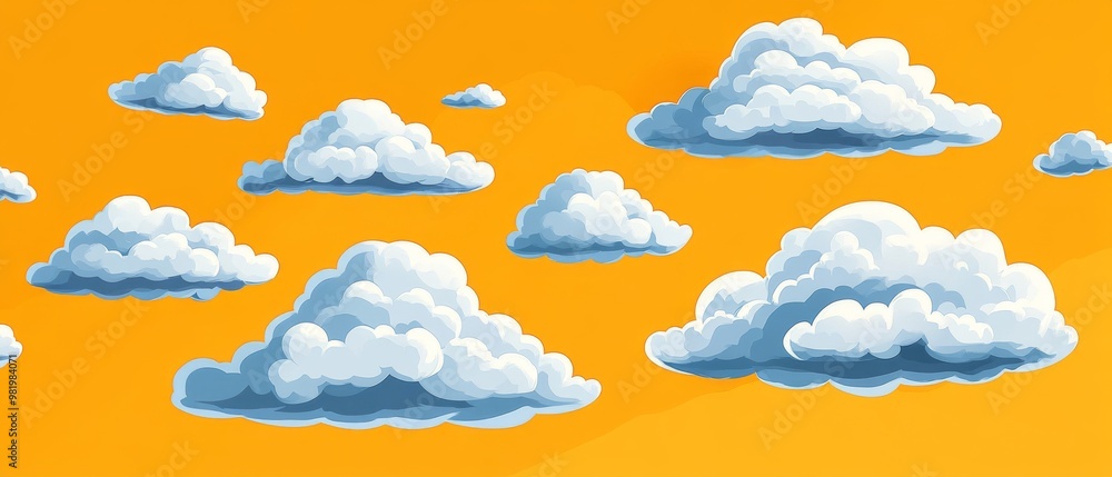 Fluffy white clouds floating against a vibrant orange background in a bright, sunny sky Fluffy white clouds floating against a vibrant orange background in a bright, sunny sky