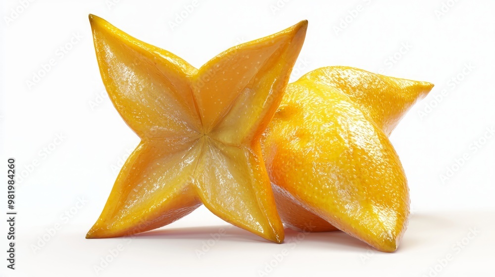 Fototapeta premium Vibrant 3D Render of Starfruit with Unique Star Shape and Glossy Texture on White Background at 45 Degrees Angle