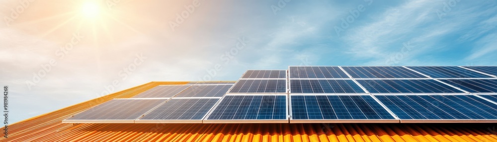 Solar panels installed on a roof, harnessing energy under a bright sky, promoting sustainable energy solutions. Solar panels installed on a roof, harnessing energy under a bright sky, promoting sustainable energy solutions.