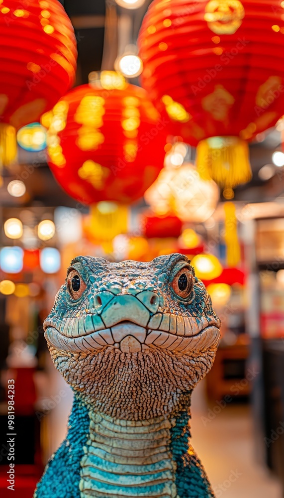 Blue And Green Snake Sculpture With Upward Gaze, Surrounded By Traditional Red Lanterns Blue And Green Snake Sculpture With Upward Gaze, Surrounded By Traditional Red Lanterns