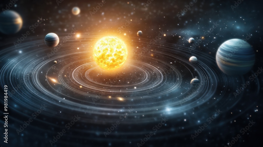 Obraz premium Stunning cosmic scene showcasing a glowing sun surrounded by planets in a dark, starry universe.