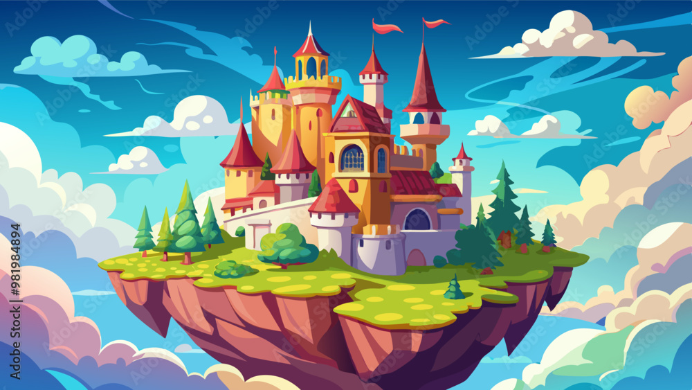 A vibrant and whimsical vector illustration of a floating island with a majestic castle surrounded by lush greenery and a bright, blue sky A vibrant and whimsical vector illustration of a floating island with a majestic castle surrounded by lush greenery and a bright, blue sky