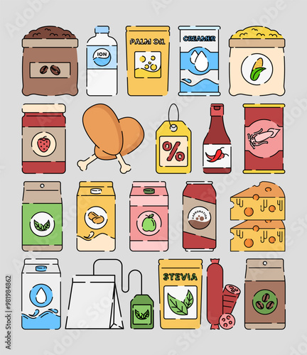 A colorful set of food and drink icons, showcasing various grocery products in a vibrant vector illustration style.