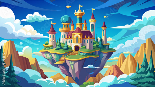 A vibrant and whimsical vector illustration of a floating island with a majestic castle surrounded by lush greenery and a bright, blue sky