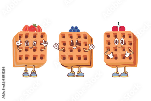 Waffle icon with various fillings. Vector illustration of waffles in the style of kawaii, pastries for breakfast, sweet snack.