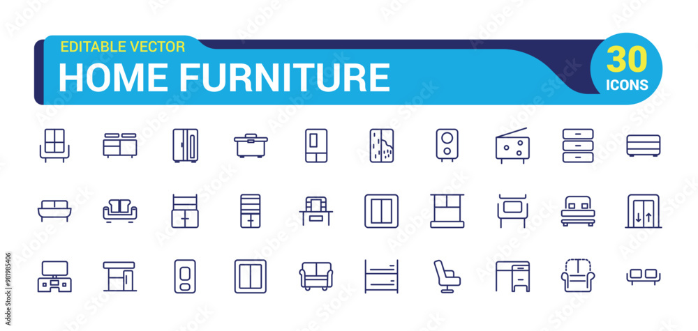 Home furniture icon set. Mimimalist thin line style. Editable stroke. Desk, Interior, Workplace, bed, Luxury, Chair, Furrnishing Icon collection. Home furniture icon set. Mimimalist thin line style. Editable stroke. Desk, Interior, Workplace, bed, Luxury, Chair, Furrnishing Icon collection.