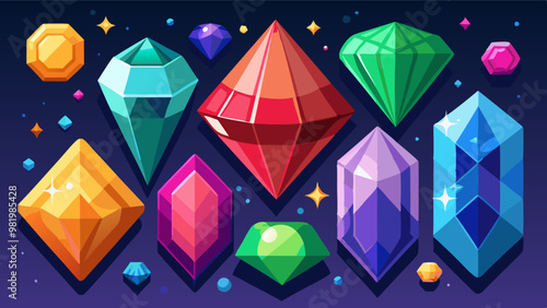 a variety of colorful, faceted gemstones in different shapes and sizes against a dark background, perfect for adding a touch of sparkle to any design project