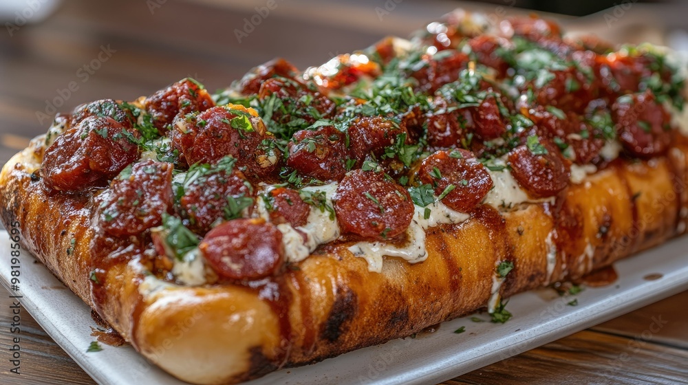 Delicious loaded sausage roll with sauce and herbs. Delicious loaded sausage roll with sauce and herbs.