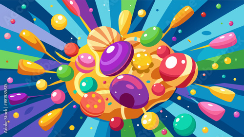 colorful candies and lollipops exploding outward against a dynamic blue background, perfect for sweet-themed designs and advertisements