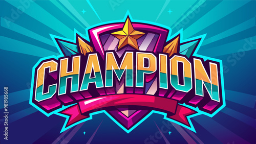 the word 'lCHAMPION in bold, colorful letters with a star and shield design, perfect for celebrating victory or achievement