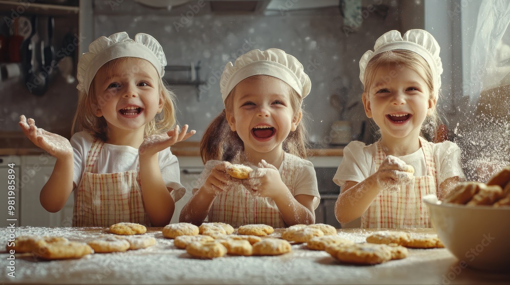 Happy family funny kids bake cookies in kitchen. Creative and happy childhood concept. Happy family funny kids bake cookies in kitchen. Creative and happy childhood concept.