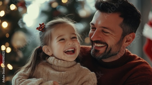 Happy dad and daughter laughing christmas day. Generative AI photo