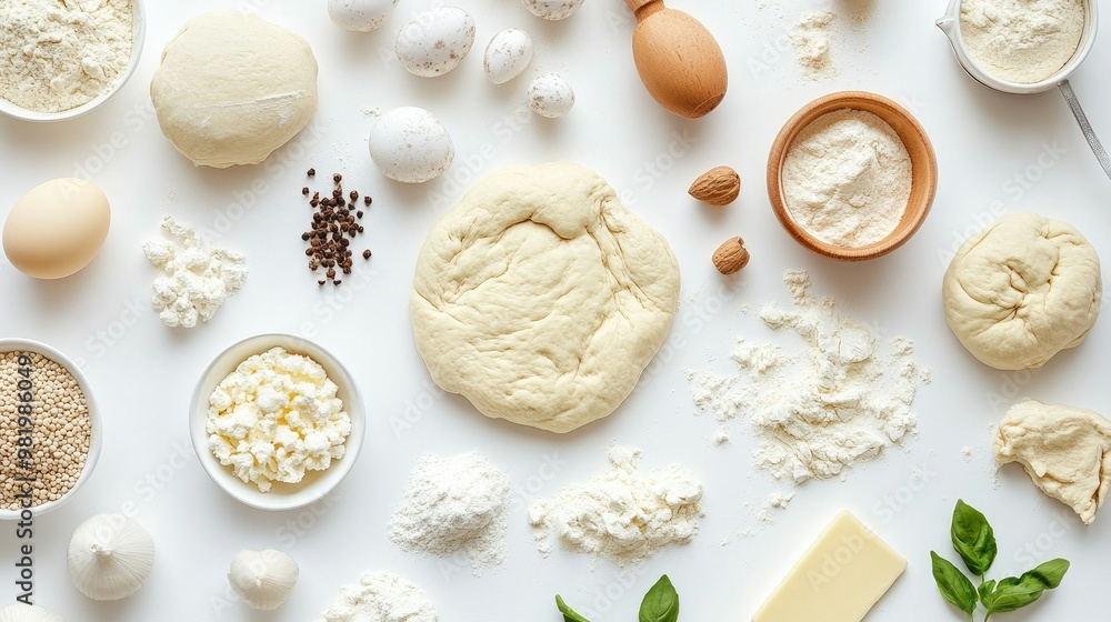 Ingredients and dough for baking, viewed from the top, spread out on a white background, ready for a baking session. Ingredients and dough for baking, viewed from the top, spread out on a white background, ready for a baking session.
