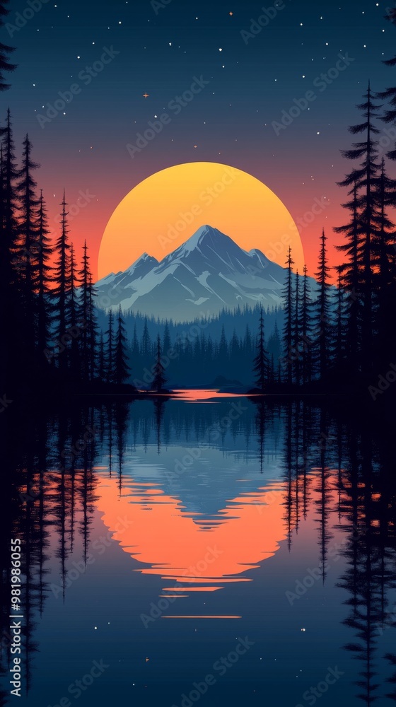 Obraz premium Sunset over a tranquil lake reflecting mountains and pine trees in a serene natural setting