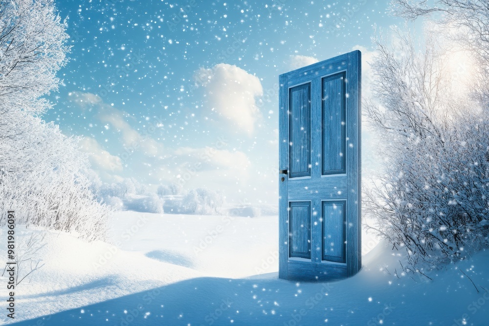 Open blue door leading to a snowy winter landscape with falling snowflakes Open blue door leading to a snowy winter landscape with falling snowflakes