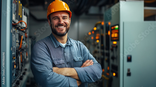 The portrait features a cheerful man, an engineering technician, standing confidently in a control room or inspection service environment. With his arms crossed and a warm smile, he exudes professiona photo