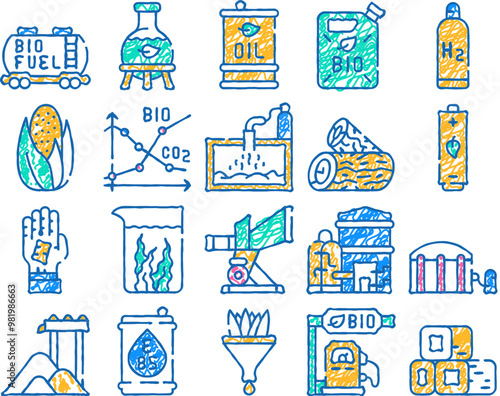 biofuel green energy doodle icons set vector. sketch line art biofuel railway carriage and canister, oil barrel and laboratory flask, bio fuel factory color illustrations