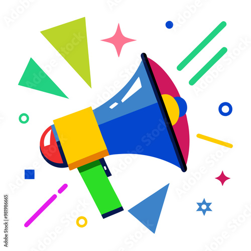 This vibrant vector illustration features a colorful megaphone surrounded by various geometric shapes, making it perfect for themes related to announcements, promotions, and communication photo