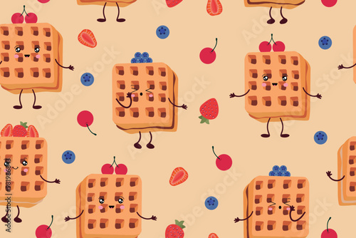 Seamless pattern with waffles and various fillings. Vector illustration of waffles in the style of kawaii, pastries for breakfast, sweet snacks. Vector