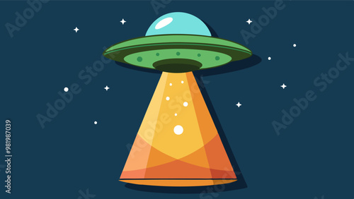 This vector illustration depicts a classic green UFO emitting a bright, triangular beam of light against a starry night sky