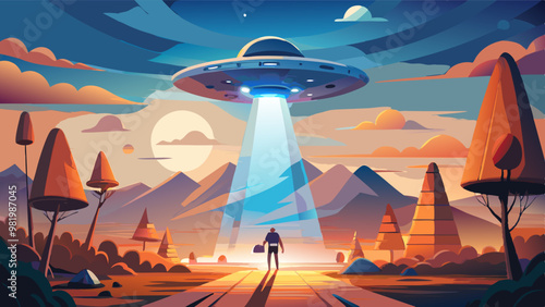 A person stands in awe as a large UFO hovers above a mountainous landscape, casting a bright beam of light downwards, creating a surreal and captivating scene.