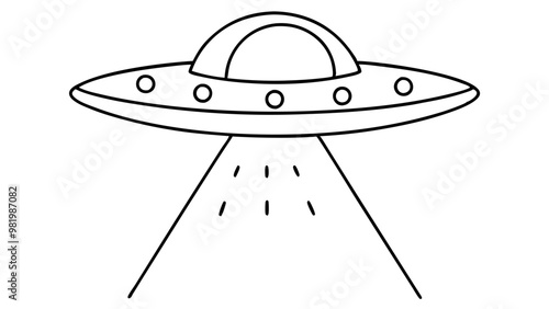 A  simple black and white vector illustration of a UFO with a dome and lights, emitting beams from its underside