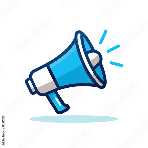 a blue megaphone emitting sound waves, symbolizing communication, announcements, or promotion