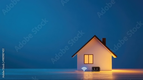 Minimalist 3D illustration of a house and WiFi router on a wooden surface, representing a home wireless network against a blue gradient.