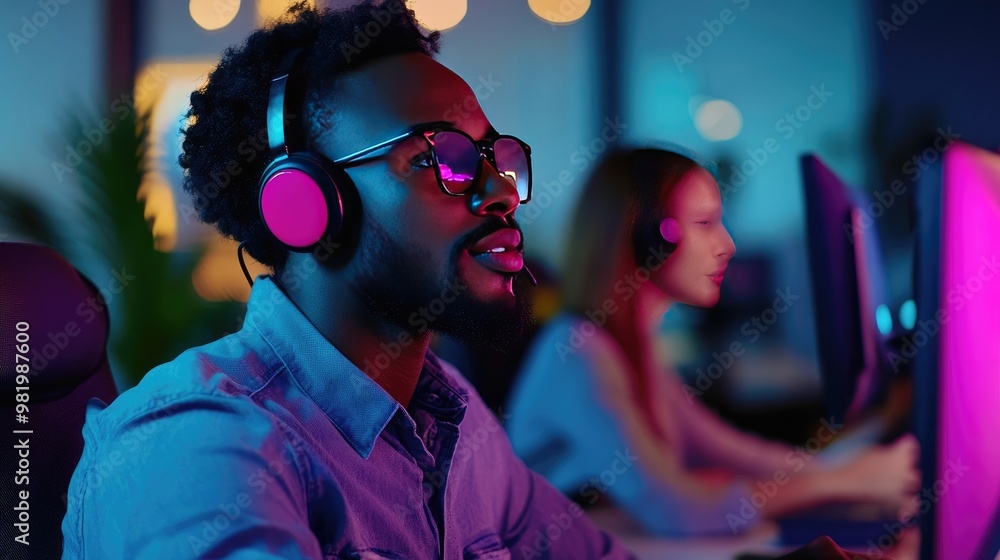 Portrait of Business Professionals in Call Center with Earphones, Behind Computer Screens Portrait of Business Professionals in Call Center with Earphones, Behind Computer Screens