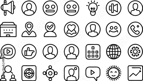 a collection of 30 minimalist, line-drawn icons representing various concepts such as communication, emotions, technology, and social interactions