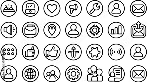 a collection of 30 minimalist, line-style icons representing various concepts such as communication, settings, social interactions, and multimedia