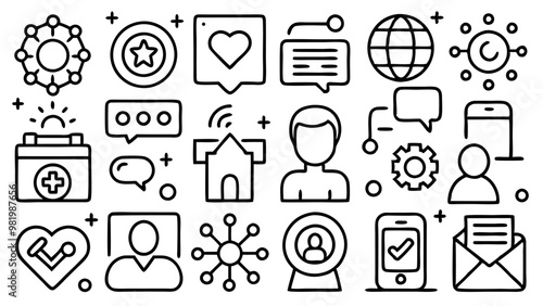 a collection of 24 black and white line icons representing various concepts such as communication, healthcare, technology, social media, and user interaction