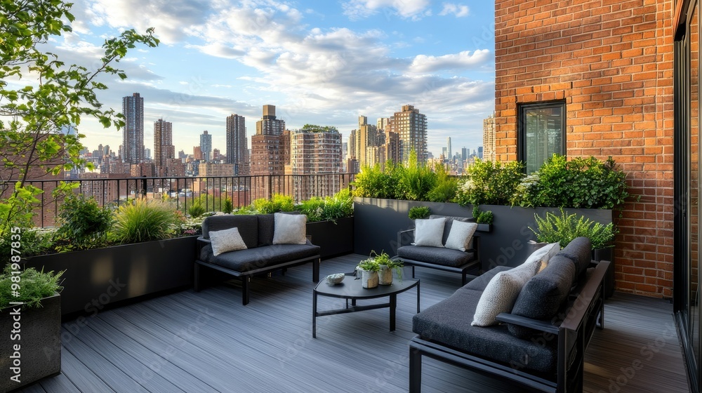 custom made wallpaper toronto digitalModern rooftop terrace with dark wood deck flooring, stylish black garden furniture, and plants arranged against a brick fence in a city backdrop