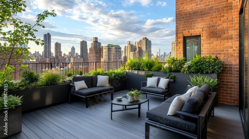 Wallpaper Mural Modern rooftop terrace with dark wood deck flooring, stylish black garden furniture, and plants arranged against a brick fence in a city backdrop Torontodigital.ca