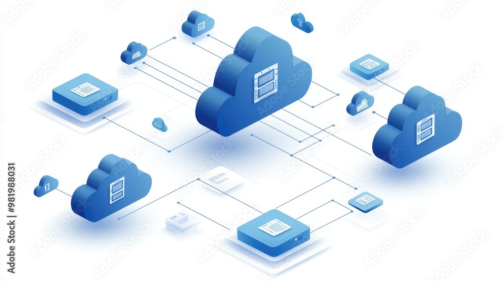 Multiple cloud icons in a 2D and 3D mix, illustrating multi-cloud data connectivity in a vector illustration with interconnecting lines on a white background Multiple cloud icons in a 2D and 3D mix, illustrating multi-cloud data connectivity in a vector illustration with interconnecting lines on a white background