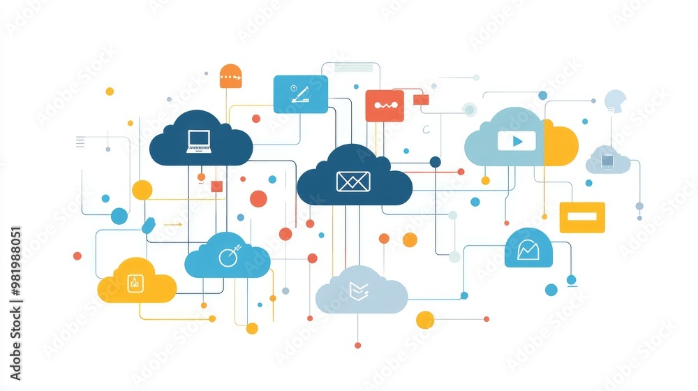 Multiple cloud vector symbols interconnected, illustrating data flow between different cloud services in a multi-cloud ecosystem Multiple cloud vector symbols interconnected, illustrating data flow between different cloud services in a multi-cloud ecosystem