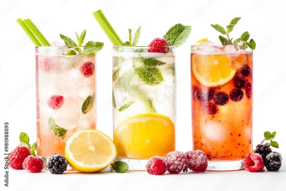 Trio of Refreshing Summer Cocktails with Berries, Citrus Fruits, and Herbs on White Background Trio of Refreshing Summer Cocktails with Berries, Citrus Fruits, and Herbs on White Background