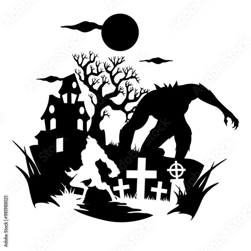 Werewolf | Mythical Creature | Half Human Half Wold | Monster | Wild Creature | Horror | Howling Werewolf | Wolfman | Original Illustration | Vector and Clipart | Cutfile and Stencil