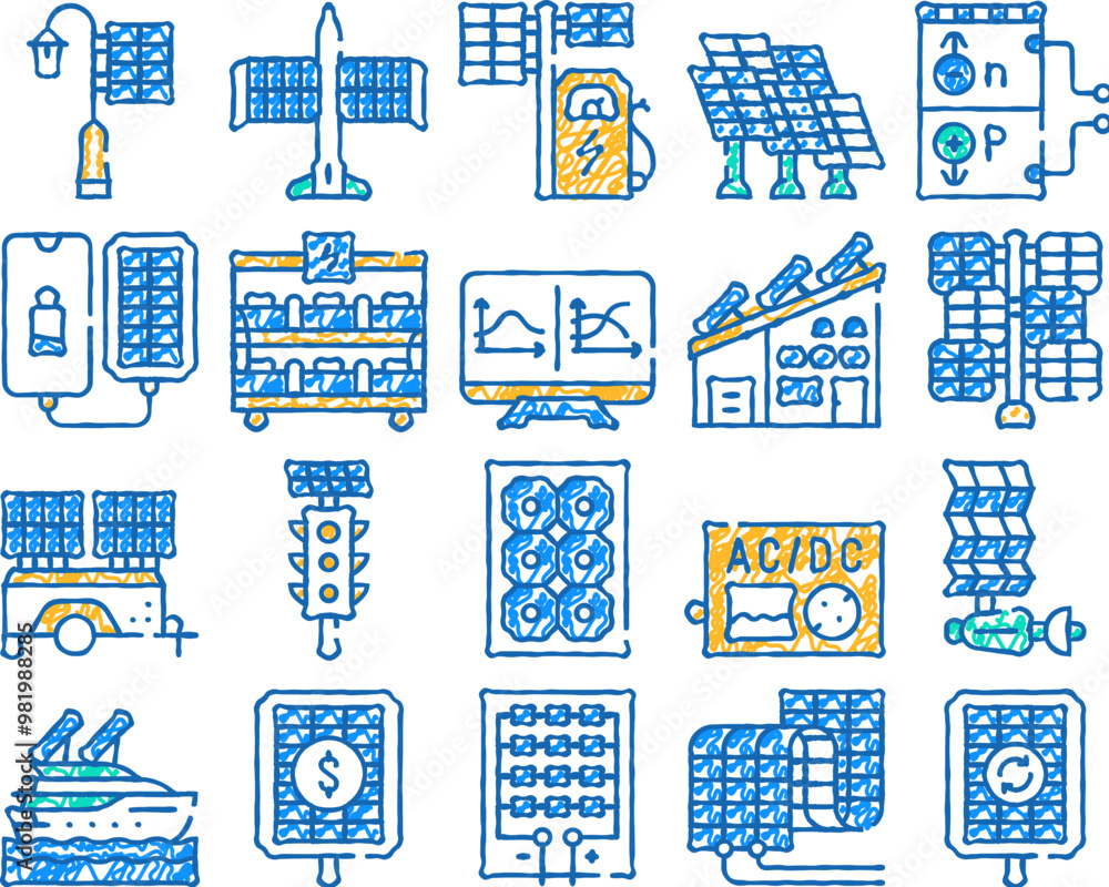 photovoltaic energy doodle icons set vector. sketch line art solar ...