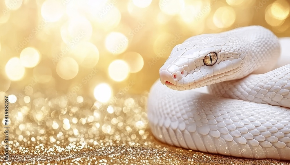 Fototapeta premium White Snake, Albino Python on Sparkling Gold Background, Symbol of Luck and Prosperity for New Year.