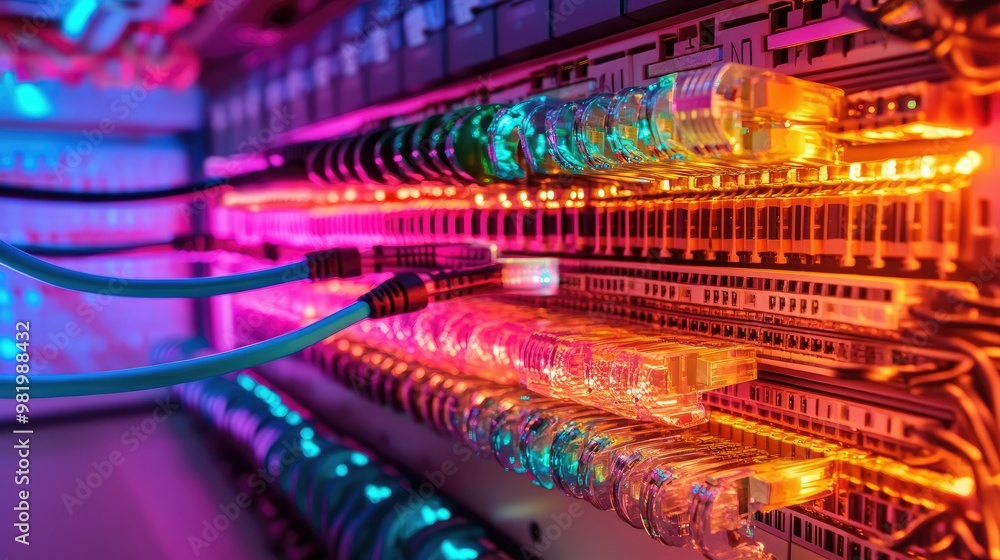 Organized network cables connected to a switch in a modern corporate IT environment. Organized network cables connected to a switch in a modern corporate IT environment.