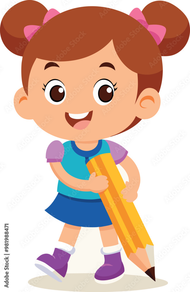 Cute little girl holding a big pencil smiling Cute little girl holding a big pencil smiling