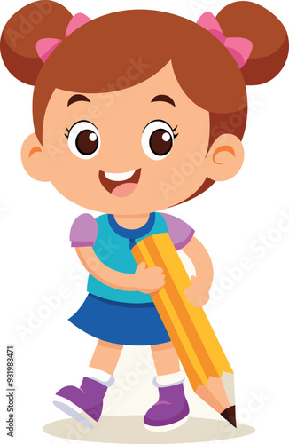 Cute little girl holding a big pencil smiling