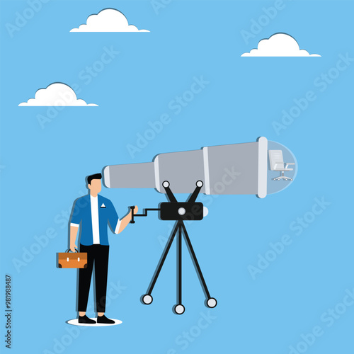 Job search, seeking for interest job position, new career opportunity for bright future concept, Businessman using telescope to find new vacant chair