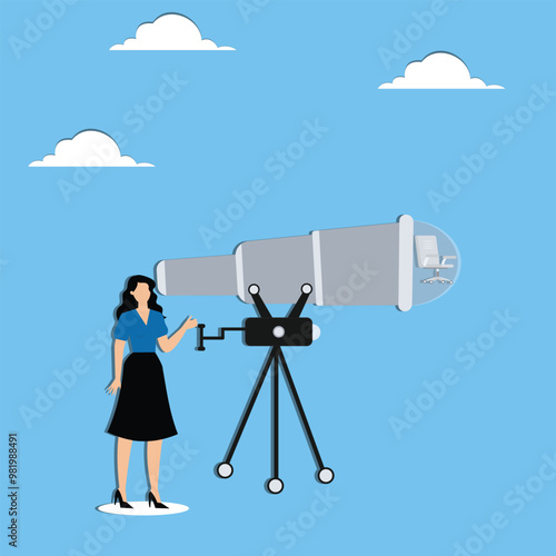 Job search, seeking for interest job position, new career opportunity for bright future concept, Businesswoman using telescope to find new vacant chair