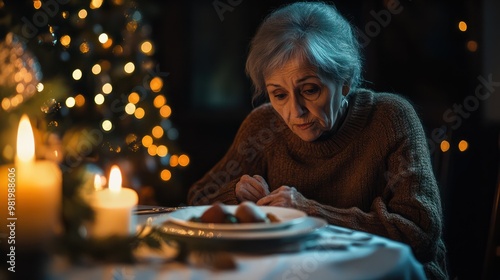 Sad senior woman having dinner alone at home on Christmas Eve night photo