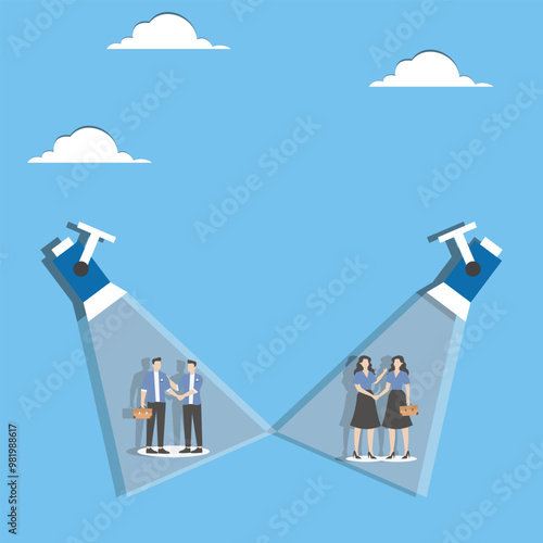 Giving equal importance to all employees, equal treatment in office, nondiscrimination policy concept, Spotlights shining on all colleagues